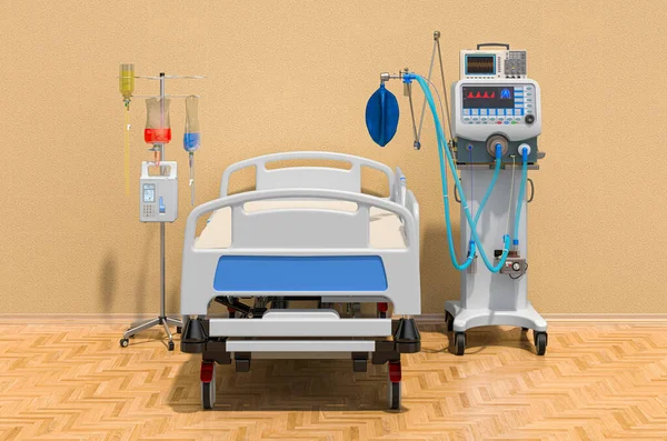 重症监护病房房间里有重症监护病房医用通风机 可调医院病床和滴水器 3D渲染 — 图库照片