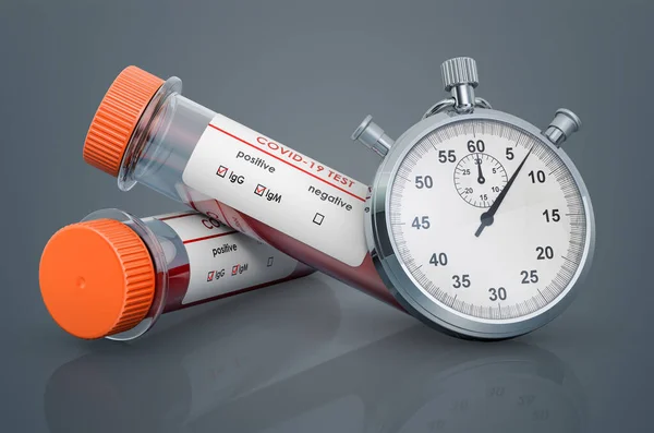 Rapid Test Coronavirus Covid Concept Stopwatch Test Tubes Positive Blood — Stock Photo, Image