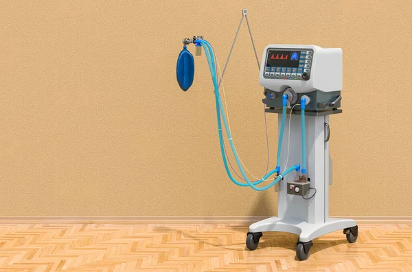 Medical ventilator in room on the wooden floor, 3D rendering