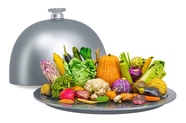 Különböző Zöldségek Készlet Étterem Cloche Renderelés Elszigetelt Fehér Háttér — Stock Fotó