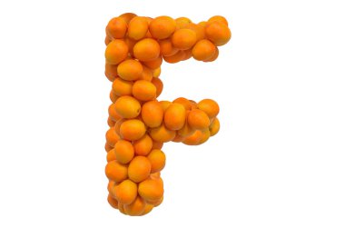 Portakallardan F harfi, beyaz arkaplanda 3 boyutlu görüntüleme