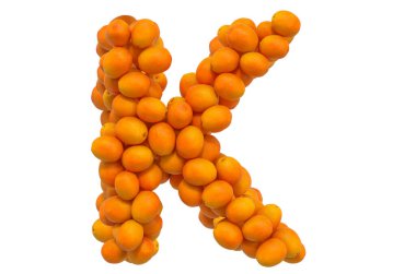 Portakallardan K harfi, beyaz arkaplanda 3 boyutlu görüntüleme