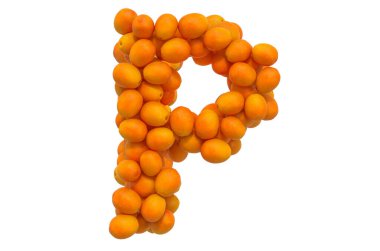 Portakallardan P harfi, beyaz arkaplanda 3 boyutlu görüntüleme