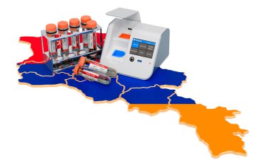 Ermenistan konseptinde COVID-19 testi. Ermeni haritasında burun çubuğu test tüpleriyle kutuda laboratuvar testi. Beyaz arkaplanda 3B görüntüleme izole edildi