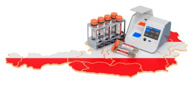 Avusturya konseptinde COVID-19 testi. Avusturya haritasında burun çubuğu test tüpleriyle bir kutu içinde laboratuvar testi. Beyaz arkaplanda 3B görüntüleme izole edildi