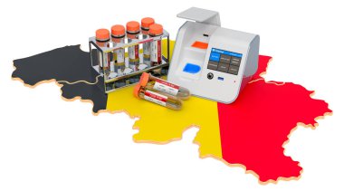 Belçika konseptinde COVID-19 testi. Belçika haritasında burun çubuğu test tüpleriyle bir kutu içinde laboratuvar testi. Beyaz arkaplanda 3B görüntüleme izole edildi