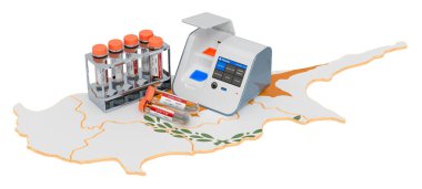 Kıbrıs konseptinde COVID-19 testi. Kıbrıs haritasında burun çubuğu test tüpleriyle bir kutu içinde laboratuvar testi. Beyaz arkaplanda 3B görüntüleme izole edildi