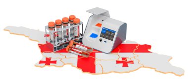 Gürcistan konseptinde COVID-19 testi. Gürcistan haritasında burun çubuğu test tüpleriyle bir kutu içinde laboratuvar testi. Beyaz arkaplanda 3B görüntüleme izole edildi