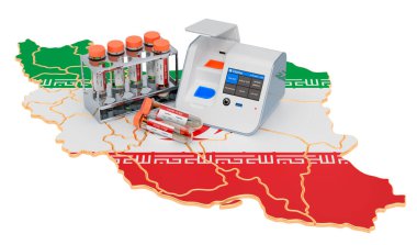COVID-19 İran konseptini test ediyor. İran haritasında burun çubuğu test tüpleriyle bir kutu içinde laboratuvar testi. Beyaz arkaplanda 3B görüntüleme izole edildi