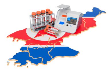 COVID-19 Kuzey Kore konseptini test ediyor. Kuzey Kore haritasında burun çubuğu test tüpleriyle kutuda laboratuvar testi. Beyaz arkaplanda 3B görüntüleme izole edildi