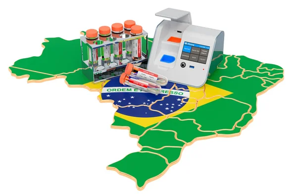 Covid 19ブラジルのコンセプトテスト ブラジルの地図上に鼻スワブ試験管付きのラボ ボックス試験 白い背景に隔離された3Dレンダリング — ストック写真