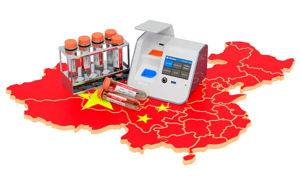 Covid Tests China Konzept Labor Box Test Mit Nasenabstrichröhrchen Auf — Stockfoto