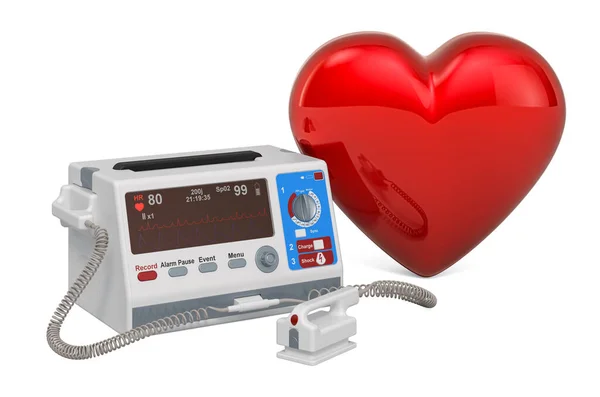 Defibrillatore Con Cuore Rosso Rendering Isolato Sfondo Bianco — Foto Stock