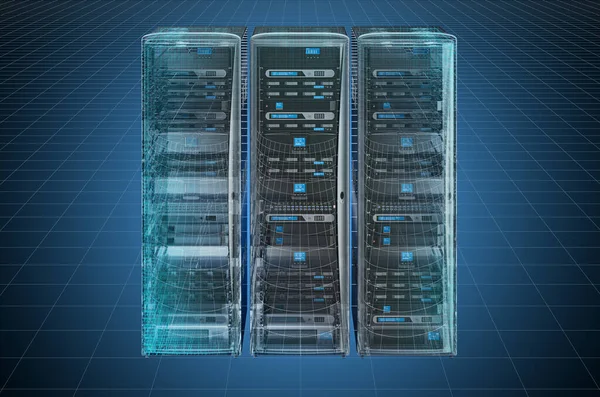 Visualisatie Cad Model Van Computer Server Racks Blauwdruk Weergave — Stockfoto