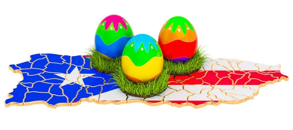 Easter holiday in Puerto Rico, Easter eggs on the Puerto Rican map. 3D rendering isolated on white background