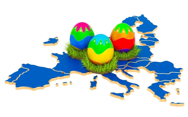 复活节假期在欧盟 复活节彩蛋在欧盟地图上 在白色背景上孤立的3D渲染 — 图库照片