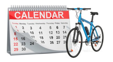 Bisikletli masa takvimi, beyaz arkaplanda 3 boyutlu görüntüleme