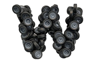 Araç tekerleklerinden W harfi, beyaz arkaplanda 3 boyutlu görüntüleme