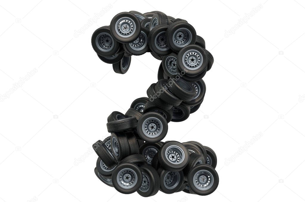 Number 2 from car wheels, 3D rendering isolated on white background