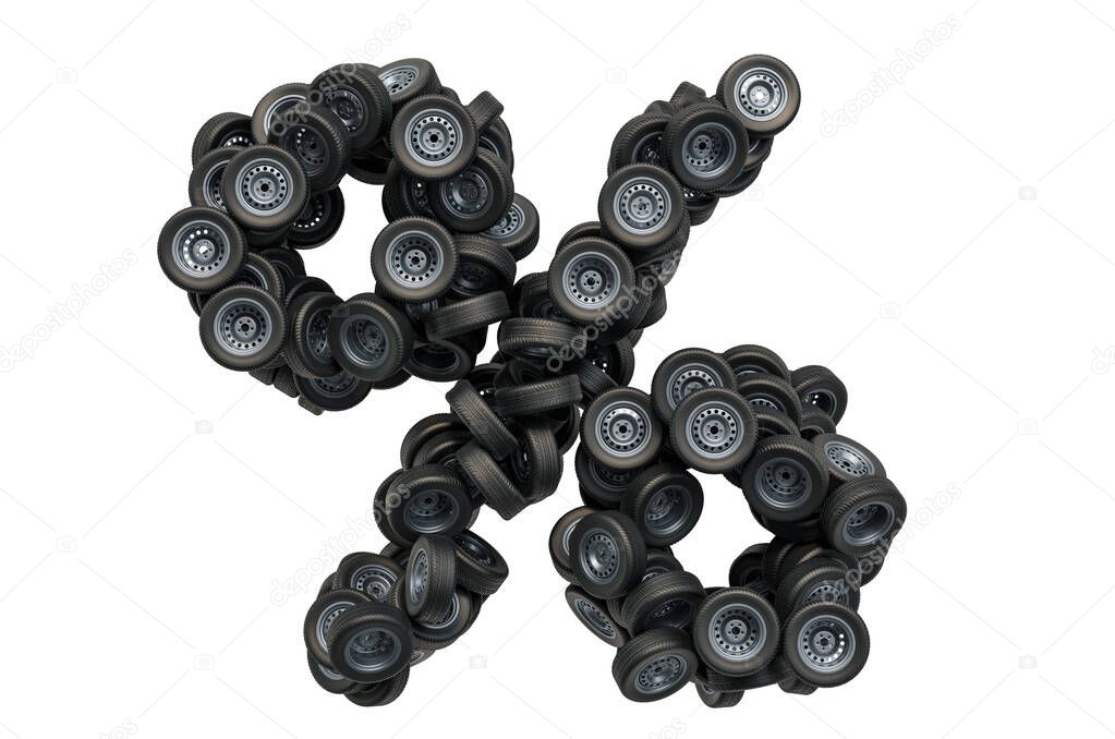 Percent symbol from car wheels, 3D rendering isolated on white background