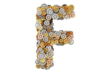 Çarklardan F harfi, beyaz arkaplanda 3 boyutlu görüntüleme