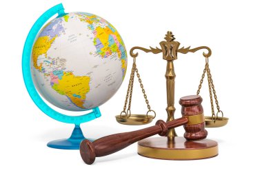 Küresel Adalet ve Uluslararası Hukuk kavramı, beyaz arka planda 3D görüntüleme