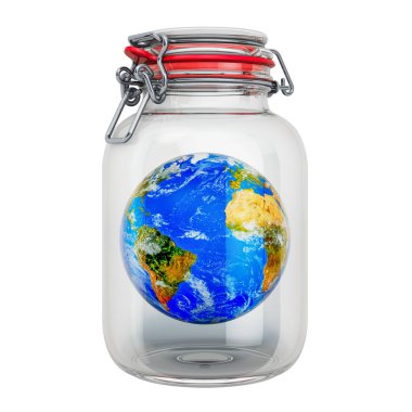 İçinde Dünya Küresi olan kapalı cam kavanoz. Dünya 'nın korunumu kavramı, 3 boyutlu görüntüleme beyaz arkaplanda izole edildi