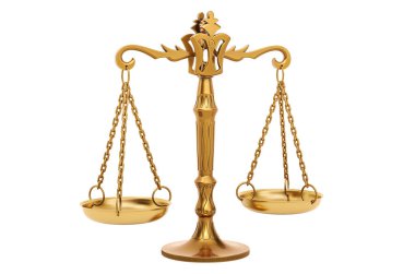 Adalet Ölçekleri yakın plan, 3 boyutlu görüntüleme beyaz arkaplan üzerinde izole 