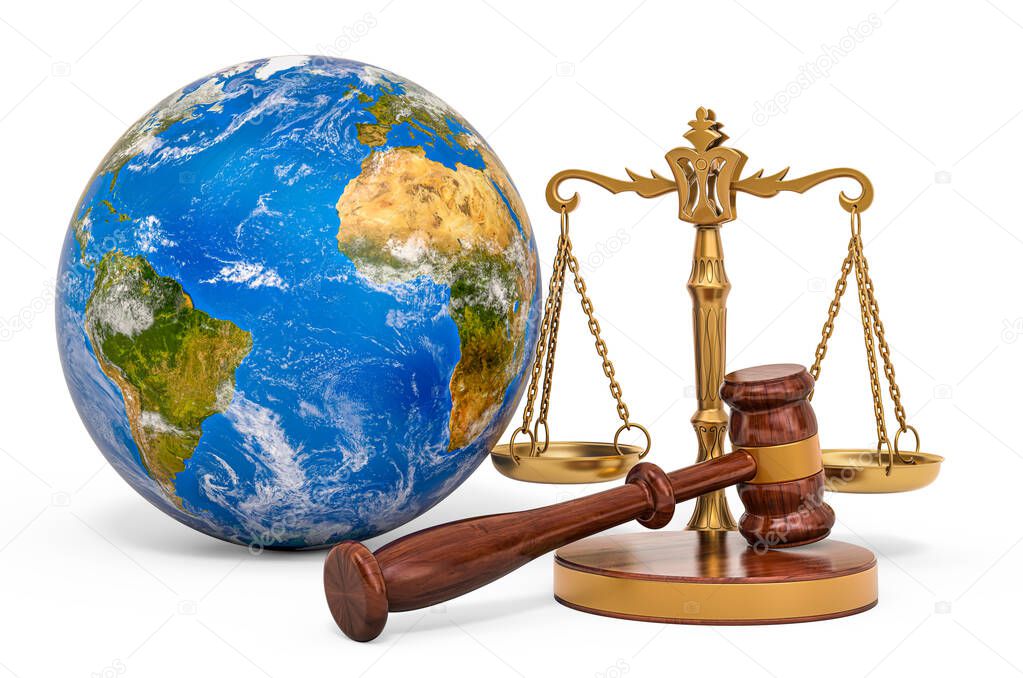 Scales of Justice with Wooden Gavel and Earth Globe, 3D rendering isolated on white background