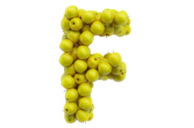 Sarı elmalardan F harfi, beyaz arkaplanda 3 boyutlu görüntüleme