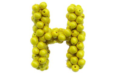 Sarı elmalardan H harfi, beyaz arkaplanda 3 boyutlu görüntüleme