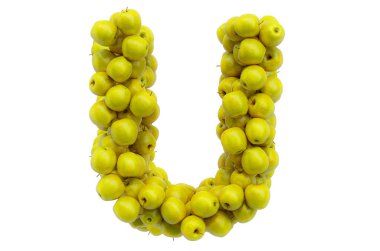Sarı elmalardan U harfi, beyaz arkaplanda 3 boyutlu görüntüleme