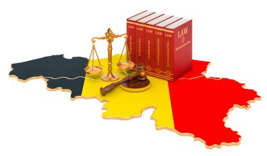 Belçika 'da hukuk ve adalet kavramı, beyaz arka planda 3 boyutlu görüntüleme