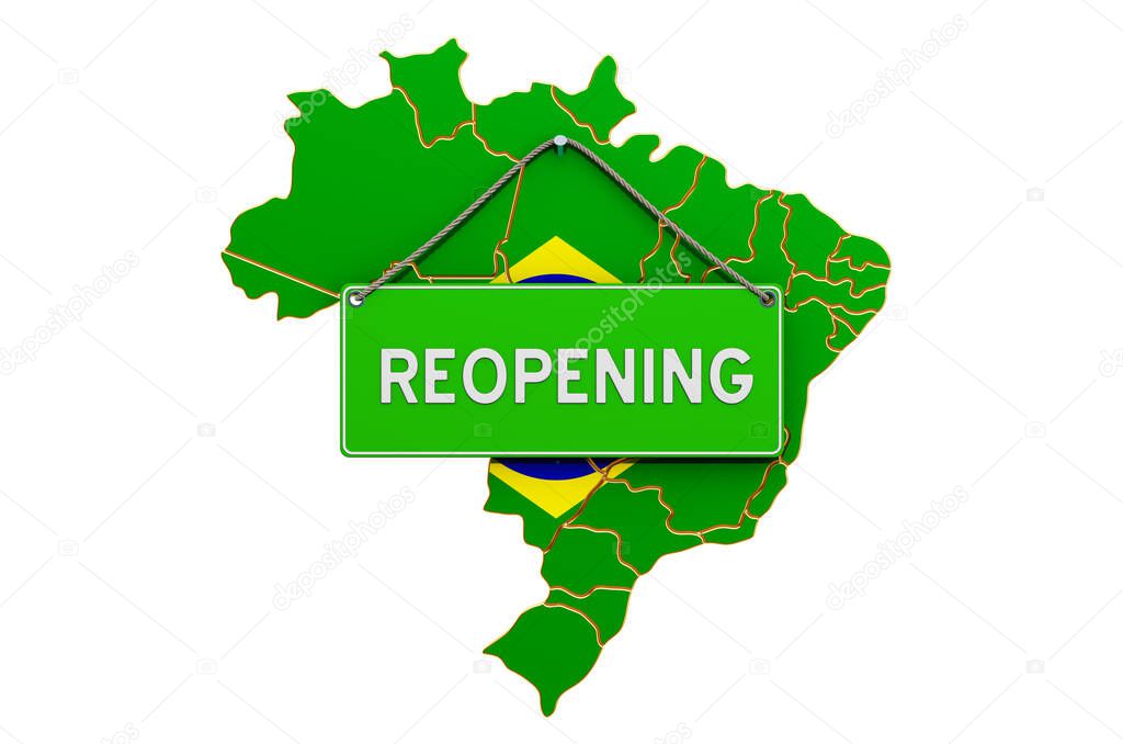 Reopening Brazil after quarantine concept, 3D rendering isolated on white background
