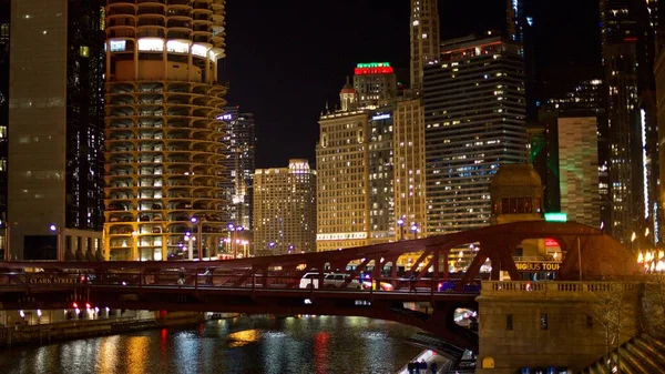 Chicago River Night Looking West Décembre 2019 — Photo