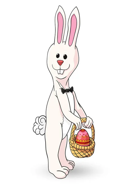 Sepetinde Paskalya yumurtası olan komik Paskalya tavşanı beyaz arka planda izole edilmiş..