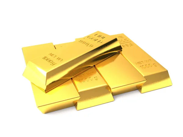 Beyaz arka planda birkaç altın külçesi var. Beş altın külçesi. 3d oluşturulmuş resim