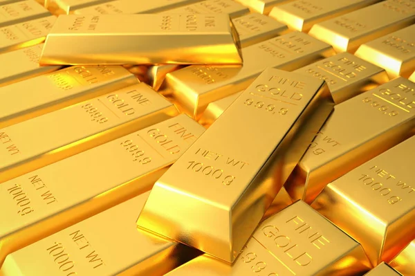 Depoda yığılmış bir sürü altın var. Bir sürü külçe yakın çekim. 3d oluşturulmuş resim