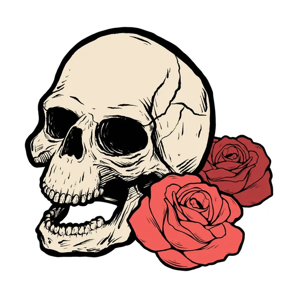 Calavera con dos rosas. Ilustración vectorial — Vector de stock