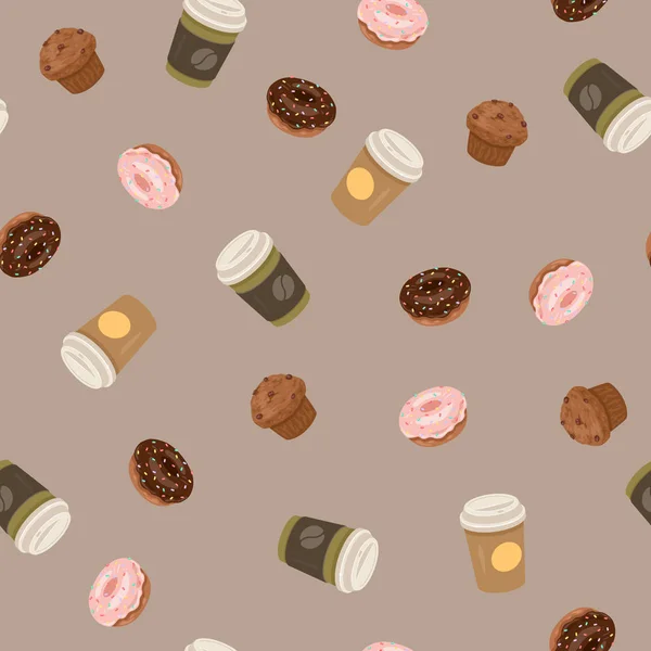 Naadloze Patroon Met Koffie Papieren Bekers Donuts Muffins Vectorillustratie — Stockvector