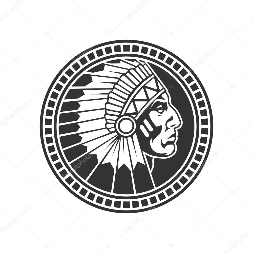 Stamp of american indian male head profile. Vector illustration