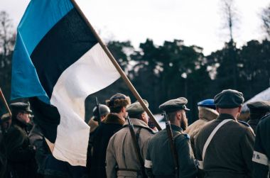 Estonyalı asker ayakta bayrak ile dizilmiş arkadan görünüm