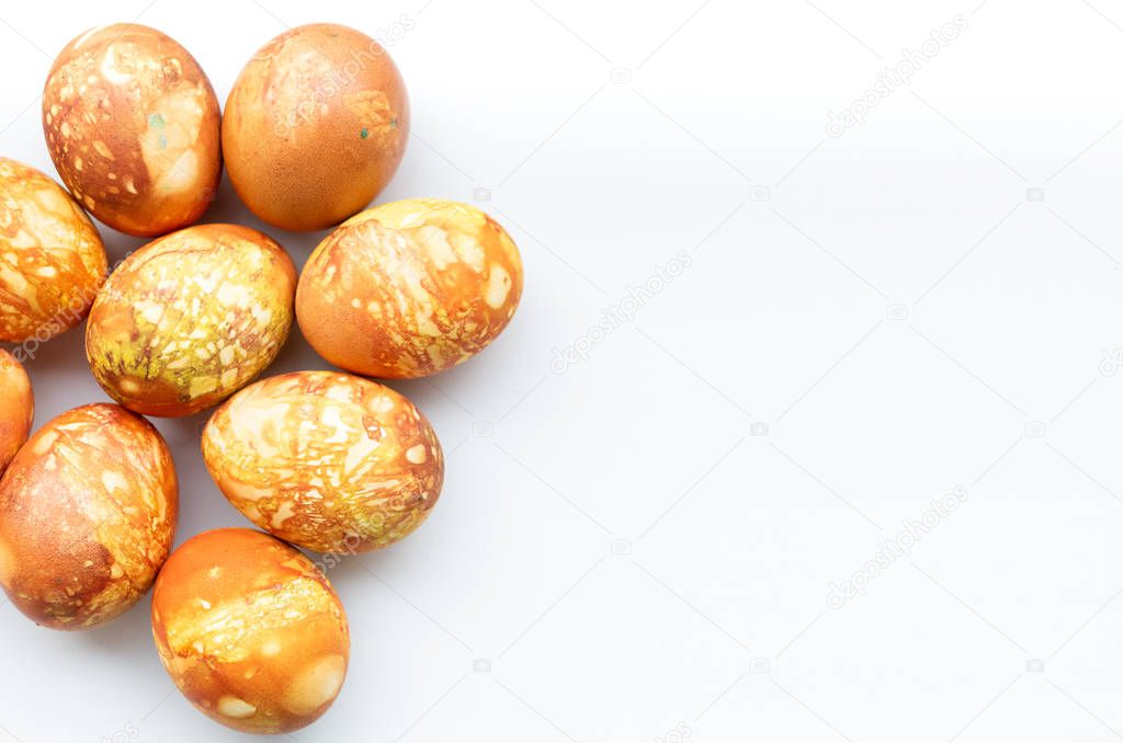 Top view of orange easter eggs