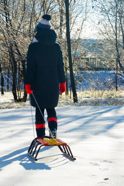 Niño tira del trineo rompió la nieve en invierno —  Fotos de Stock
