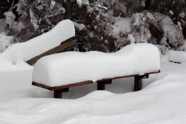Şehir parkında büyük bir kar tabakasıyla kaplı.