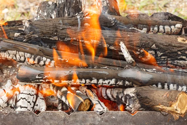 Un fuoco brucia nella griglia per cucinare . — Foto Stock