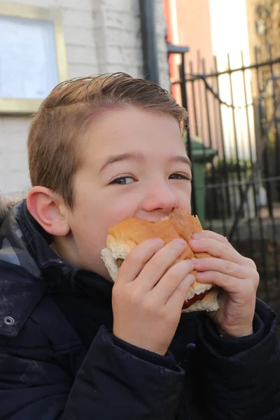 牛肉のハンバーガーを食べる若い美少年 — ストック写真