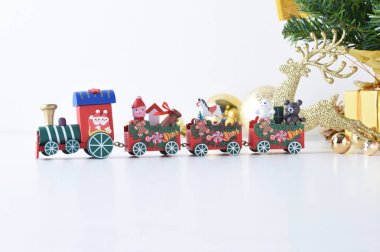Wooden toy train with colorful blocs, Happy New Year, Christmas clipart