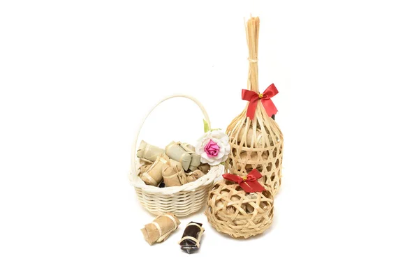 Thai Traditional Dessert Wicker Bamboo Basket White Background — Stock Photo, Image