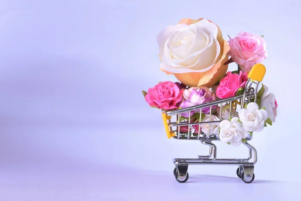 Love and happy Valentines day roses colorful in shopping cart.